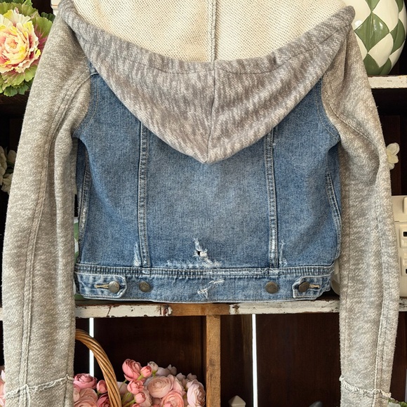 Free People Distressed Blue Denim Jacket with Gray Sleeves - Picture 2 of 4